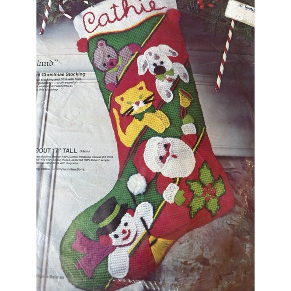 Pargon Other - vtg PARAGON TOYLAND needlepoint  KIT cat dog santa snowman XMAS STOCKING